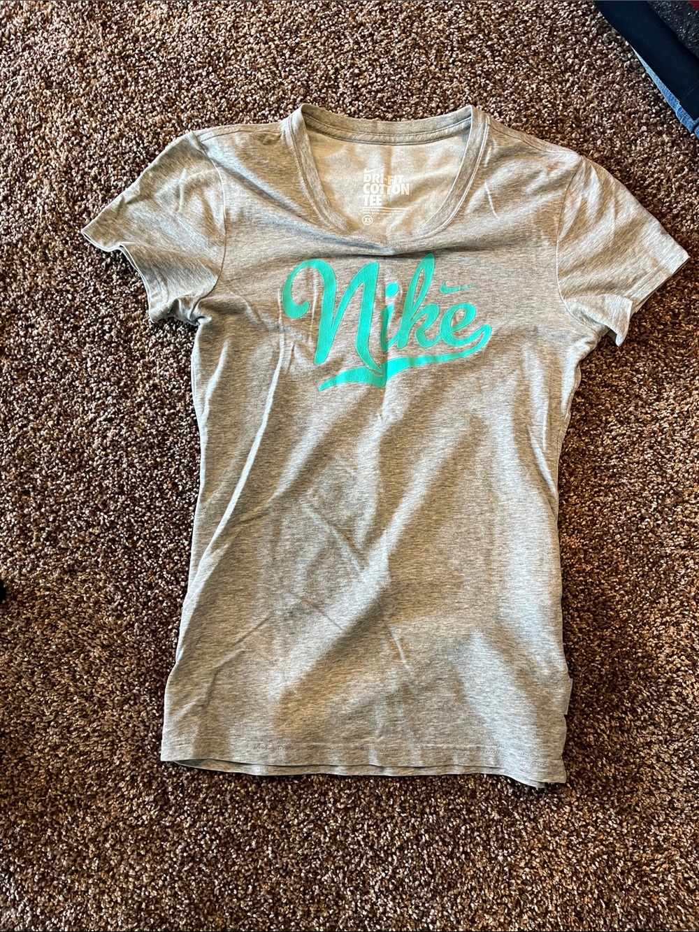 Nike Gray Short Sleeve Tee with Teal Script Logo
